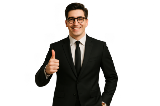 Cheerful businessman giving thumbs up isolated on transparent background