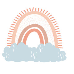 Boho Rainbow with Sun Rays and Blue Rain Clouds Vector Illustration