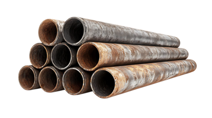 Stack of rusty metal pipes isolated on transparent background for construction