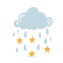 Hand-Drawn Rain Cloud with Falling Yellow Stars Vector Illustration