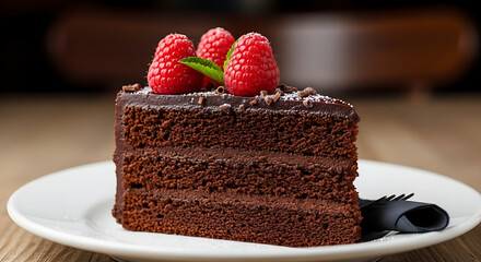 Decadent Chocolate Layer Cake Slice Topped With Fresh Raspberries And Mint Leaf Garnished With Powdered Sugar And Chocolate Shavings On A White Plate With Dark Napkin