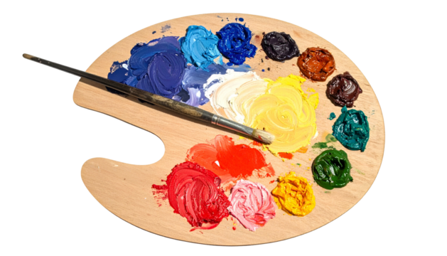 Wooden artist's palette with assorted colorful paints and brush