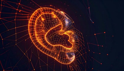 Glowing, orange, digitized ear with interconnected lines in a dark space
