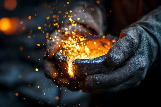 Foundry worker pouring molten metal sparks flying