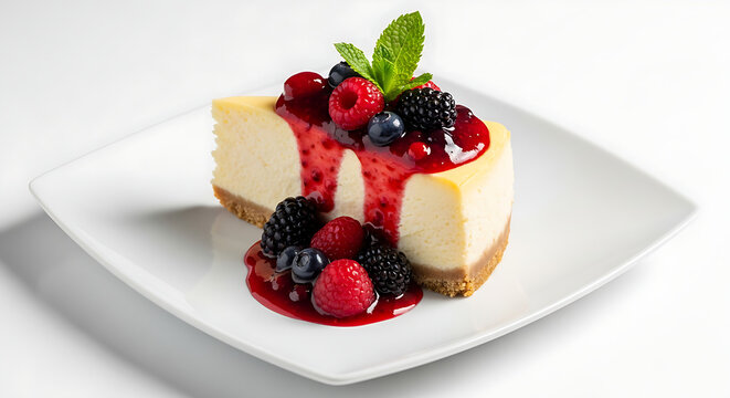 Delicious slice of creamy cheesecake topped with fresh berries and red syrup on a white plate