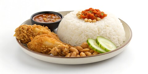Nasi Uduk, fragrant coconut rice served with fried chicken, peanuts, sambal,