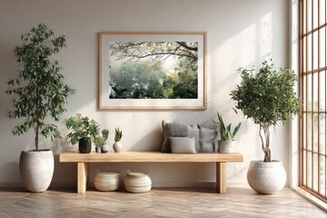 Fototapeta premium Bright sunlit room with lush green plants and a wooden bench displaying artwork interior