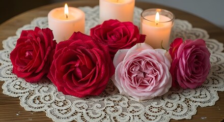 Fototapeta premium Romantic Arrangement of Red and Pink Roses with Lit Candles on Lace Doily