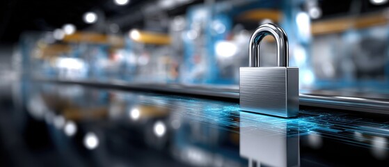 security design interface responsive concept. A modern padlock with a sleek design on a reflective surface, set against a blurred industrial background.