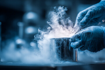 Scientist using liquid nitrogen in laboratory experiment