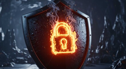 Cyber security shield with padlock for data protection online