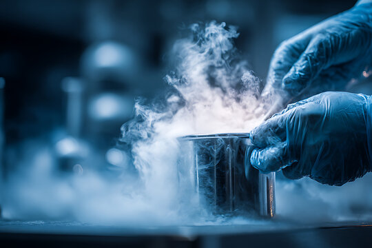 Scientist using liquid nitrogen in laboratory experiment