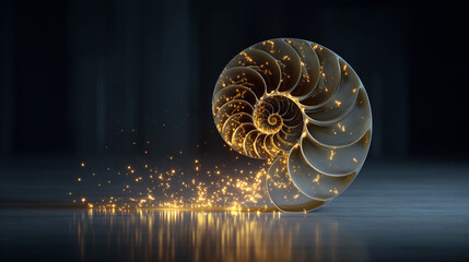 A golden ratio spiral glows suspended in mid-air, radiating warm luminescence. Hyperrealistic light highlights the precise mathematical curve, floating elegantly against a dark, minimalist background.