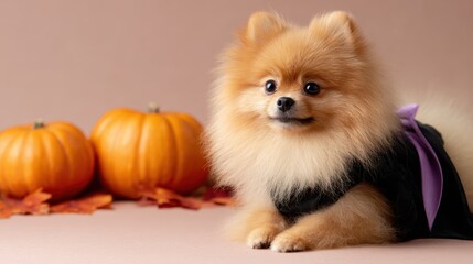 Cute Pomeranian dog in Dracula costume sitting with pumpkins and autumn leaves on beige background, Halloween celebration