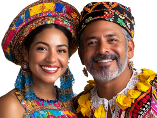 Front view mid-body shot of an extremely beautiful Puerto Rican couple in traditional clothing smiling isolated on a white transparent background