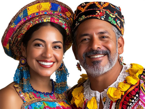 Front view mid-body shot of an extremely beautiful Puerto Rican couple in traditional clothing smiling isolated on a white transparent background - Powered by Adobe