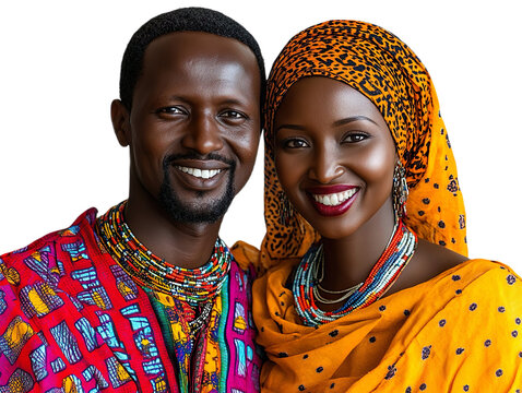 Front view mid-body shot of an extremely beautiful Sudanese couple in traditional clothing smiling isolated on a white transparent background