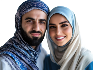 Front view mid-body shot of an extremely beautiful Turkish couple in traditional clothing smiling isolated on a white transparent background