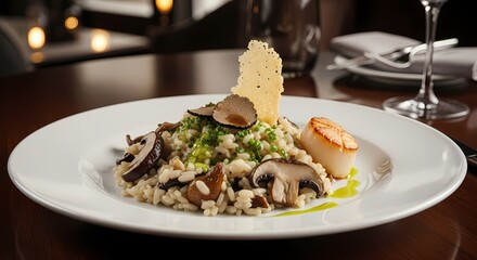 Gourmet mushroom risotto with a seared scallop and cheese crisp, elegantly plated on a white dish in a fine dining restaurant setting.