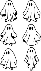 A charming set of six friendly ghost characters, simple line art illustrations for Halloween and paranormal themes