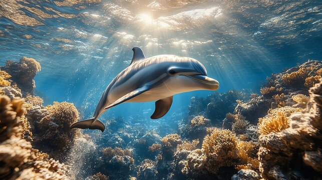 Graceful dolphin swimming through sunlit ocean waters near vibrant coral reef, a scene of marine beauty and underwater wonder perfect for conservation efforts - Powered by Adobe