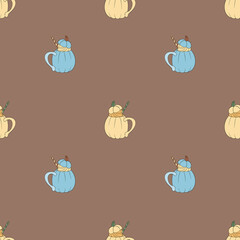 Seamless pattern with blue and yellow mugs