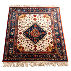 Ornate woven carpet displays intricate geometric patterns and fringed edges.