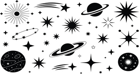 Whimsical hand drawn celestial elements cosmic stars planets constellations and starbursts © mdnirobsardar05