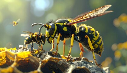 Two wasps perched on a honeycomb with another insect in the distance