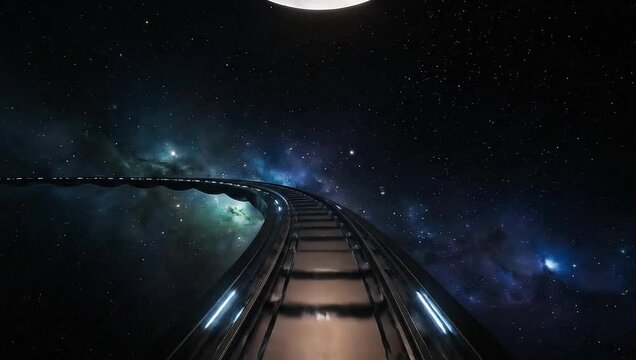 Futuristic Roller Coaster Ride Through a Vibrant Nebula in Outer Space.