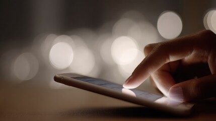 A shot of a hand scrolling through a social media feed late at night, conveying digital immersion.