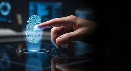 A person's finger touching a digital fingerprint scanner, representing biometric authentication and security.