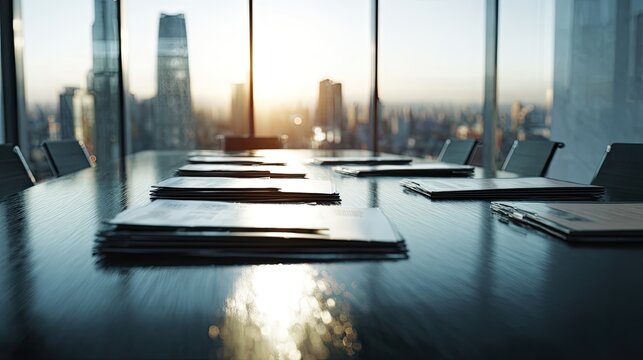Empty conference room table, documents, city view