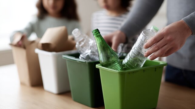 A family separating recyclables into different bins at home, showing everyday sustainability.