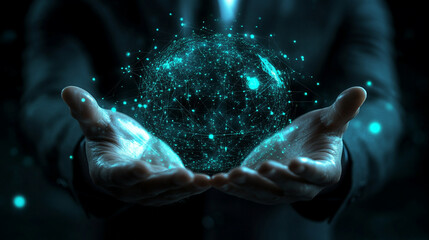 Holographic data projections hovering over a businessman’s hands symbolizing control insight and digital innovation representing futuristic technology visualization and mastery of information