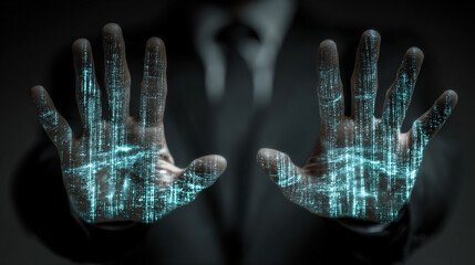 Holographic data projections hovering over a businessman’s hands symbolizing control insight and digital innovation representing futuristic technology visualization and mastery of information