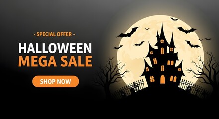 Halloween mega sale special offer with spooky haunted house and bats silhouetted against a large full moon on a dark night background