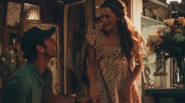 Romantic Proposal Amidst Charm: A tender moment unfolds as a gentleman goes down on one knee, proffering a ring, to ask for her hand in marriage.