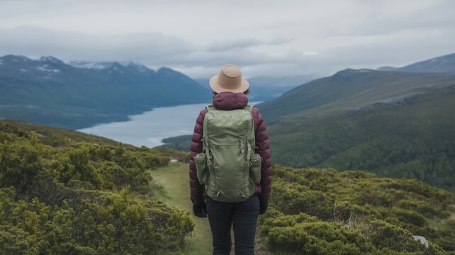 A lone hiker wearing a backpack and hat stands on a lush green mountainside gazing at a serene lake nestled between majestic mist shrouded peaks under a cloudy sky
