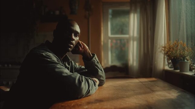 Quiet contemplation: A contemplative man sits alone in a dimly lit room, bathed in soft light. A moment of introspective reflection. 