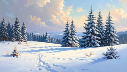 Naklejka premium Winter Landscape with Snow Covered Spruce Trees Under Cloudy Sky Sunlight and Snow Field in the Foreground