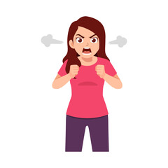 Angry Young Woman Shouting with Fists Clenched and Steam Coming from Ears in Cartoon Style
