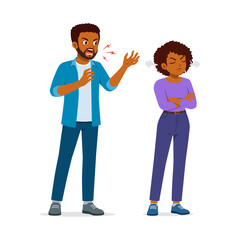 African American Man Yelling at Woman with Arms Crossed and Angry Expression
