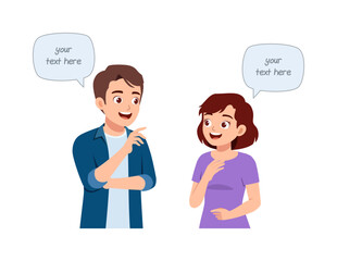 Happy Man and Woman Talking with Speech Bubble Cartoon Illustration Isolated on White