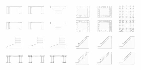 Architectural elements collection featuring tables stairs and decorative grids in simple line drawings