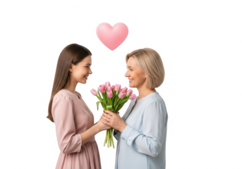 Happy mother and daughter smiling with tulip bouquet celebrating love isolated on transparent background