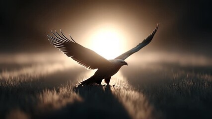 Eagle soaring over the golden field with brilliant light