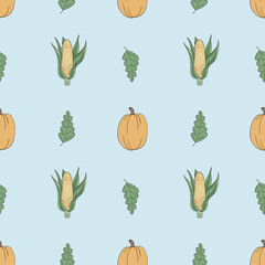 Seamless pattern with corn, pumpkin and leaves