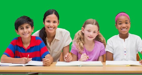Portrait of female teacher and group of diverse students smiling against black background - Powered by Adobe