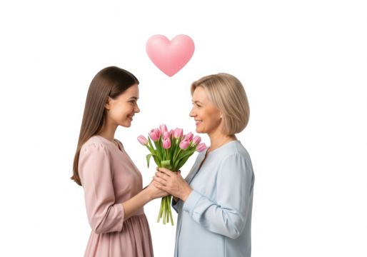 Happy mother and daughter smiling with tulip bouquet celebrating love isolated on transparent background